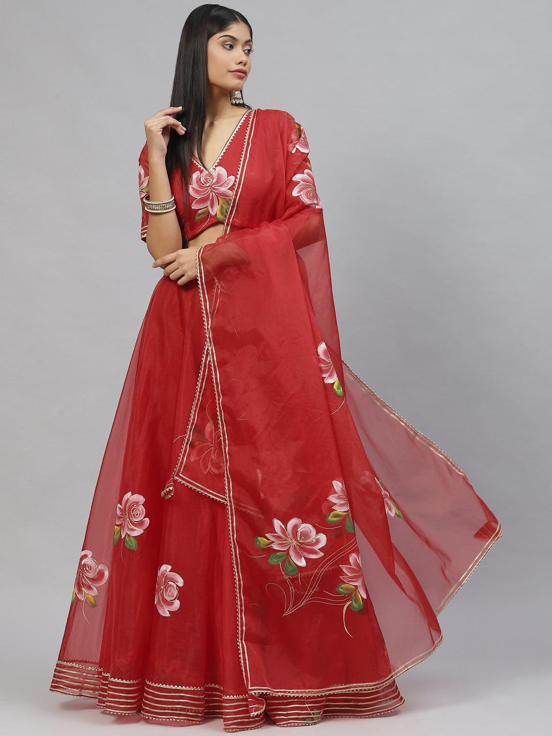 Red Hand Painted Organza Flared Lehenga Choli Set With Organza Dupatta | LASVINI - Redefining Indian Fashion with Elegance