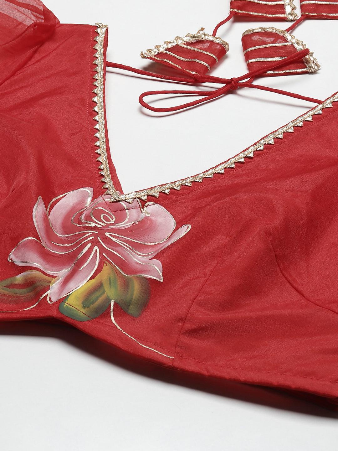 Red Hand Painted Organza Flared Lehenga Choli Set With Organza Dupatta | LASVINI - Redefining Indian Fashion with Elegance