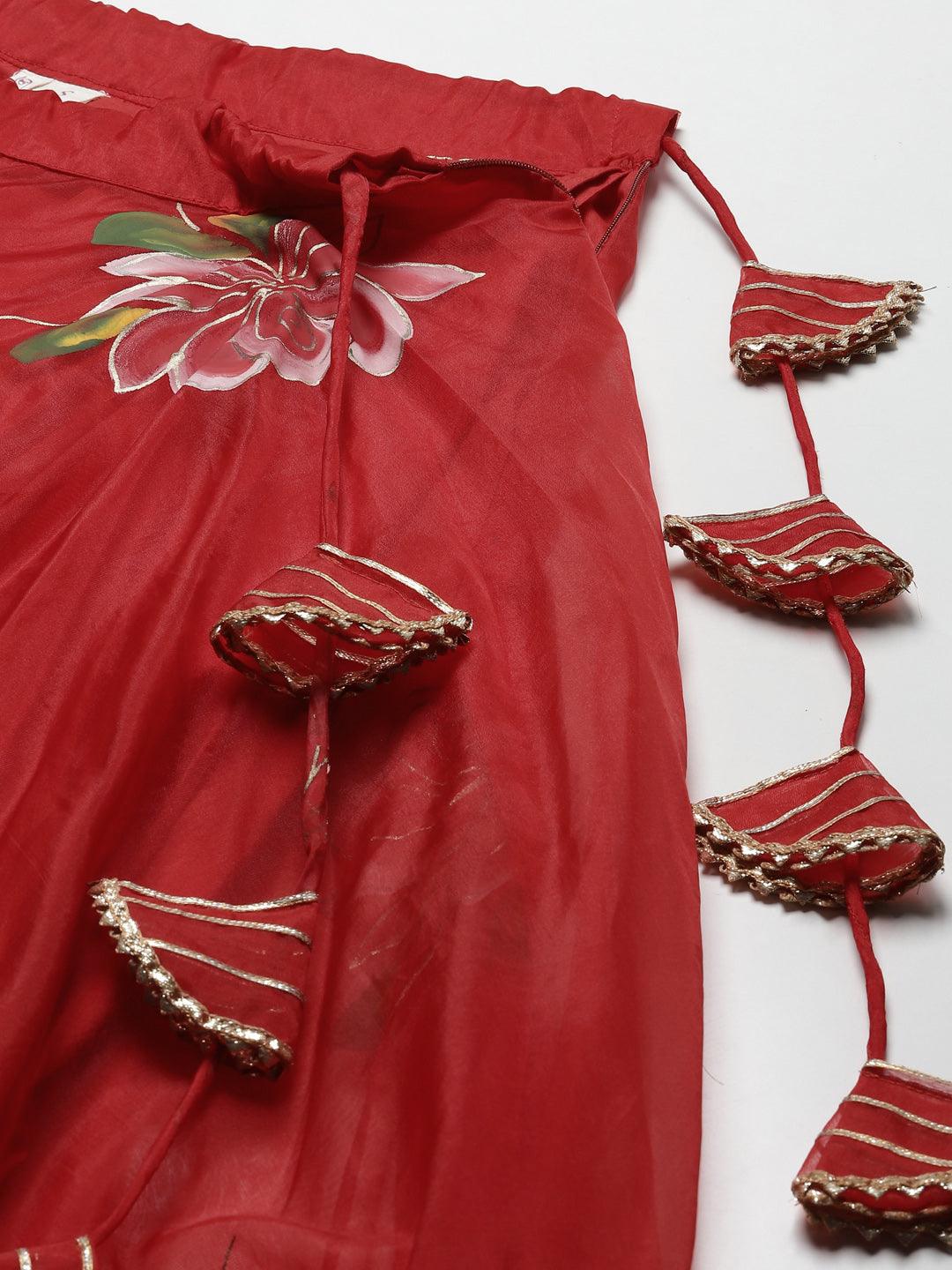 Red Hand Painted Organza Flared Lehenga Choli Set With Organza Dupatta | LASVINI - Redefining Indian Fashion with Elegance