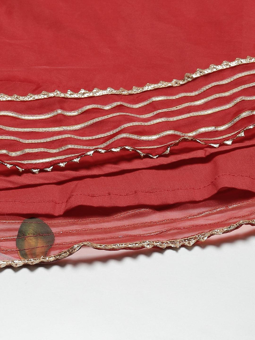 Red Hand Painted Organza Flared Lehenga Choli Set With Organza Dupatta | LASVINI - Redefining Indian Fashion with Elegance