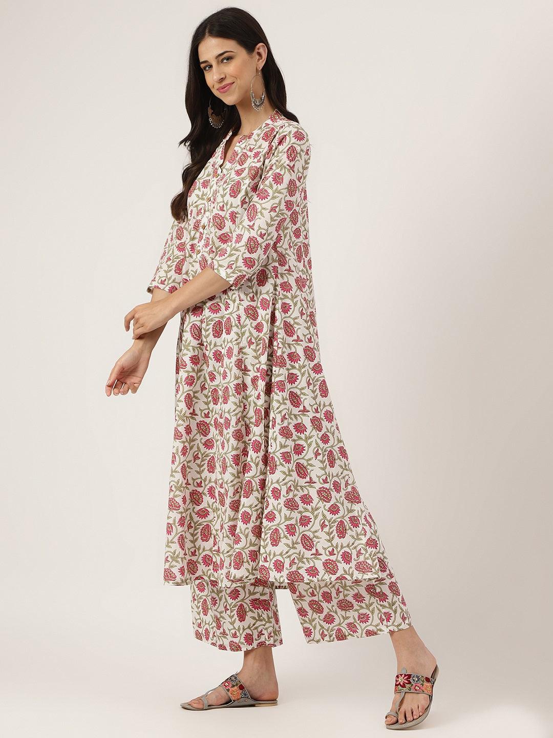 White Floral Printed Anarkali Kurta Palazzo Sets | LASVINI - Redefining Indian Fashion with Elegance
