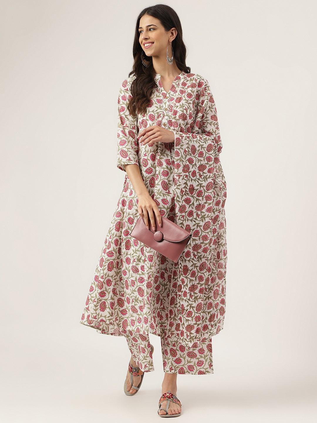 White Floral Printed Anarkali Kurta Palazzo Sets | LASVINI - Redefining Indian Fashion with Elegance