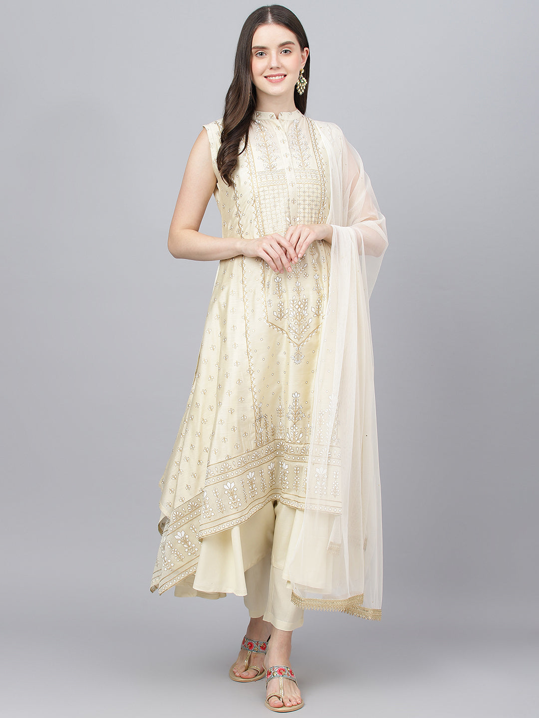 Women Cream Chanderi Kurta Pant Set With Net Dupatta | LASVINI - Redefining Indian Fashion with Elegance
