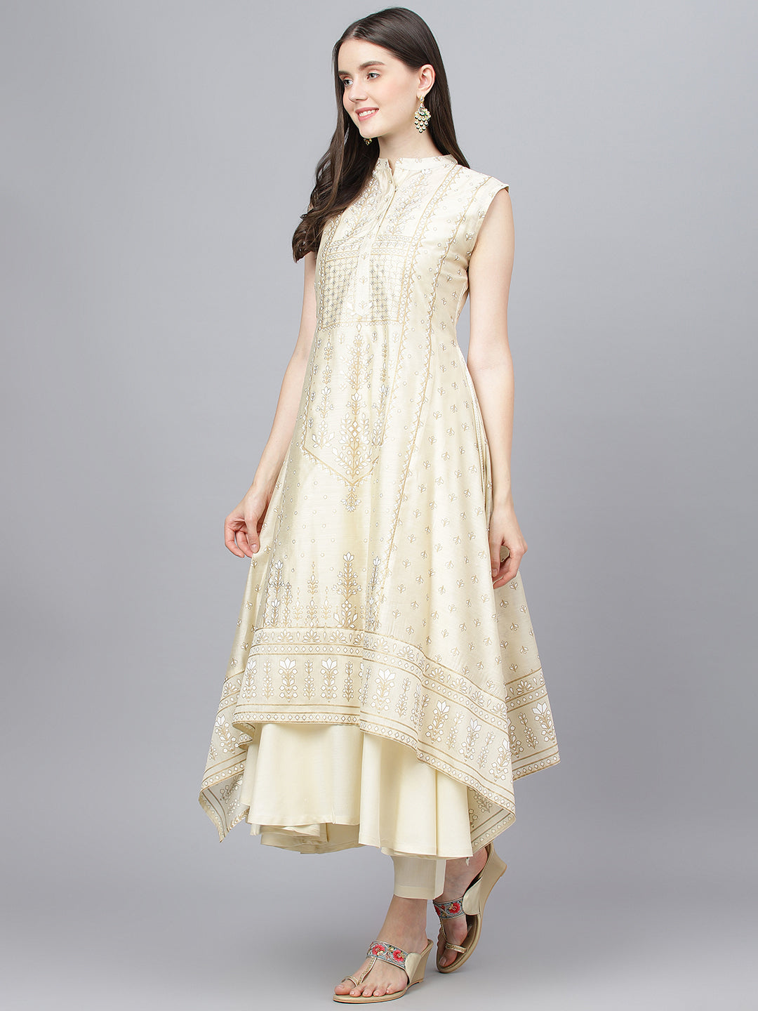 Women Cream Chanderi Kurta Pant Set With Net Dupatta | LASVINI - Redefining Indian Fashion with Elegance