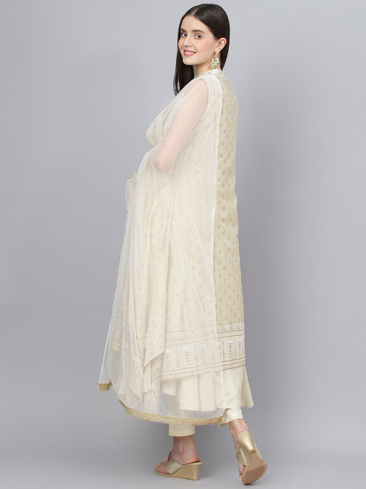 Women Cream Chanderi Kurta Pant Set With Net Dupatta | LASVINI - Redefining Indian Fashion with Elegance