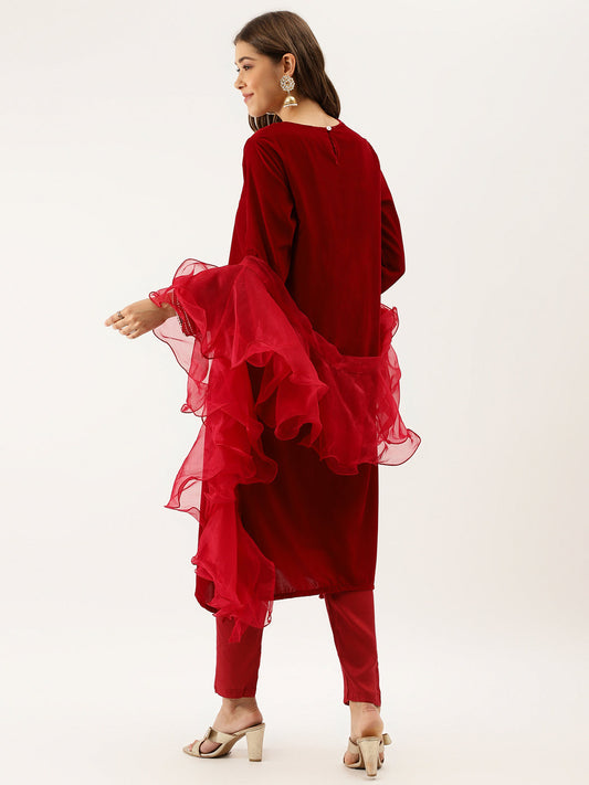 Women Maroon Plain Velvet Bead Work Embroidered Kurta Set With Organza Dupatta | LASVINI - Redefining Indian Fashion with Elegance