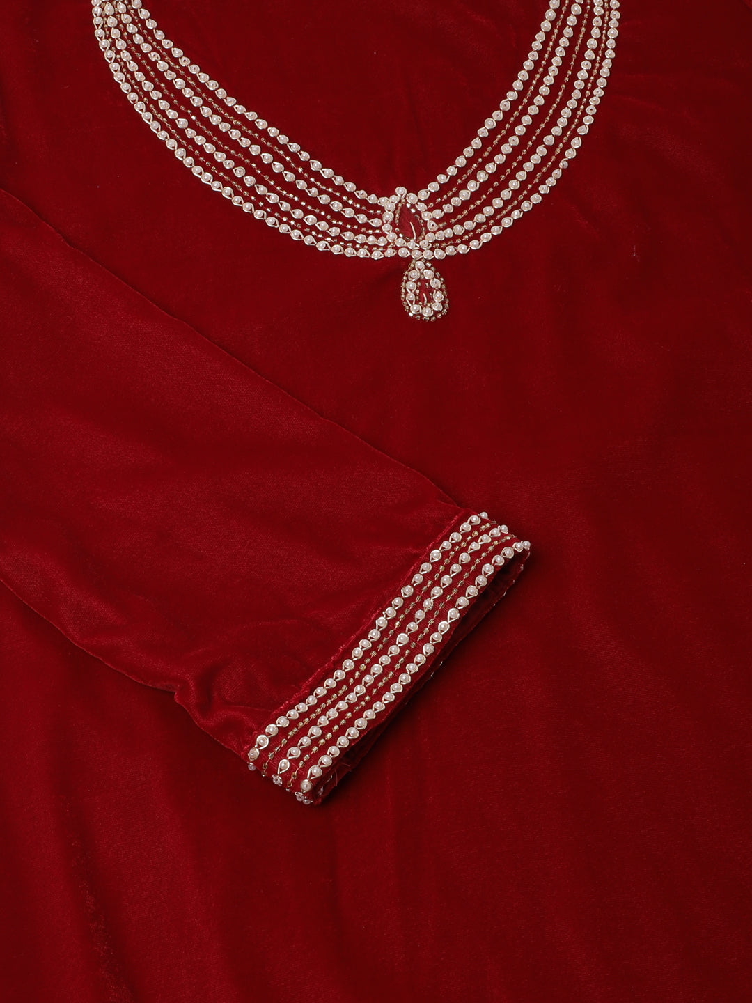 Women Maroon Plain Velvet Bead Work Embroidered Kurta Set With Organza Dupatta | LASVINI - Redefining Indian Fashion with Elegance