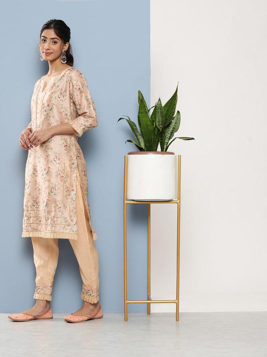 Poly Chanderi Floral Printed Kurta Pant Set With Organza Dupatta | LASVINI - Redefining Indian Fashion with Elegance