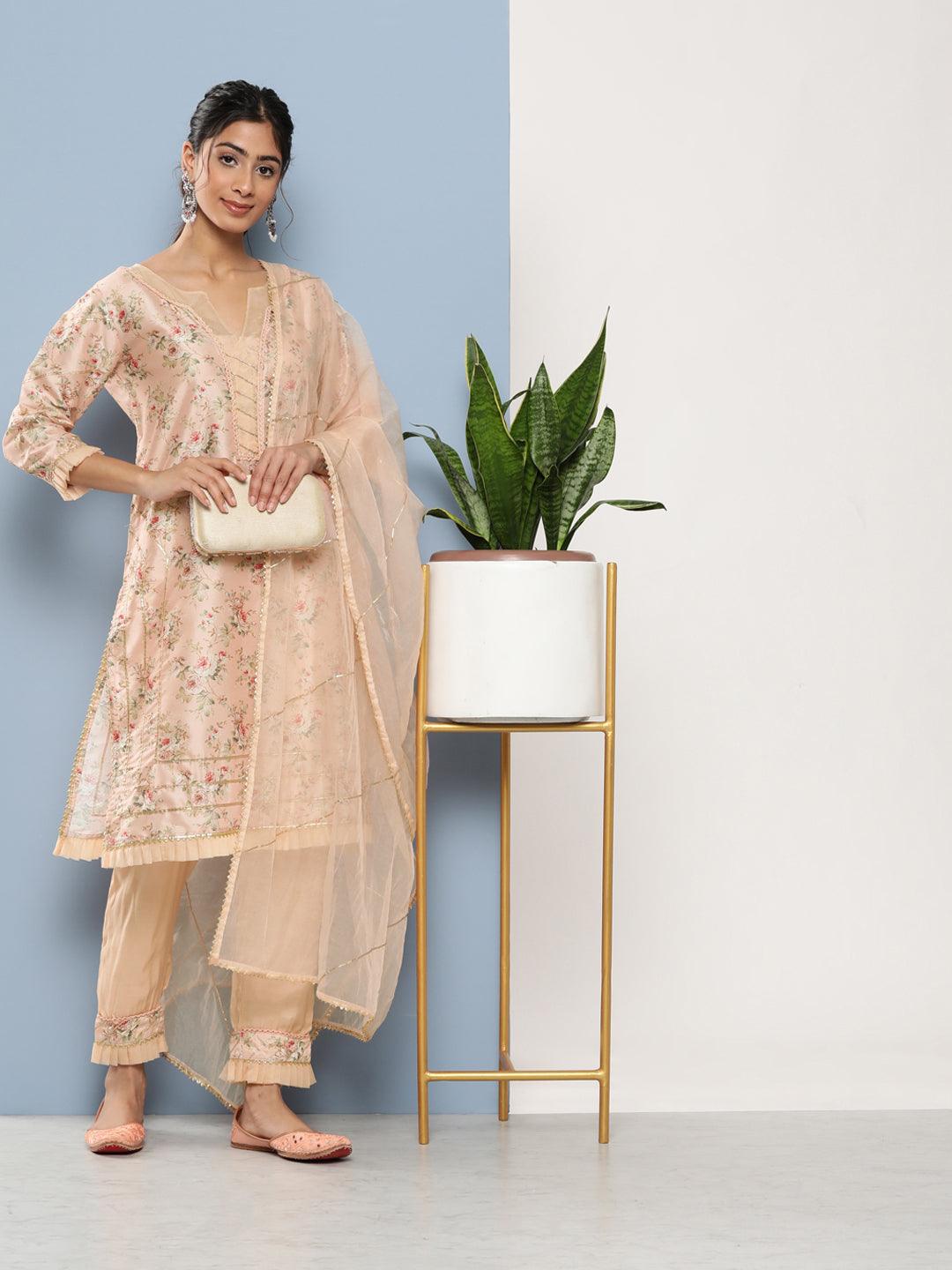 Poly Chanderi Floral Printed Kurta Pant Set With Organza Dupatta | LASVINI - Redefining Indian Fashion with Elegance