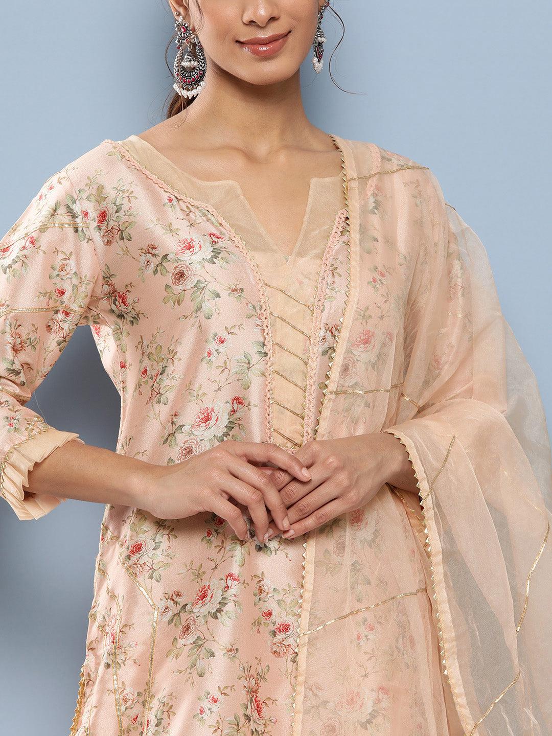 Poly Chanderi Floral Printed Kurta Pant Set With Organza Dupatta | LASVINI - Redefining Indian Fashion with Elegance