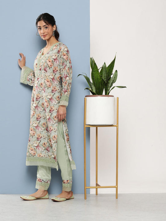 Poly Chanderi Floral Printed Kurta Pant Set With Organza Dupatta | LASVINI - Redefining Indian Fashion with Elegance