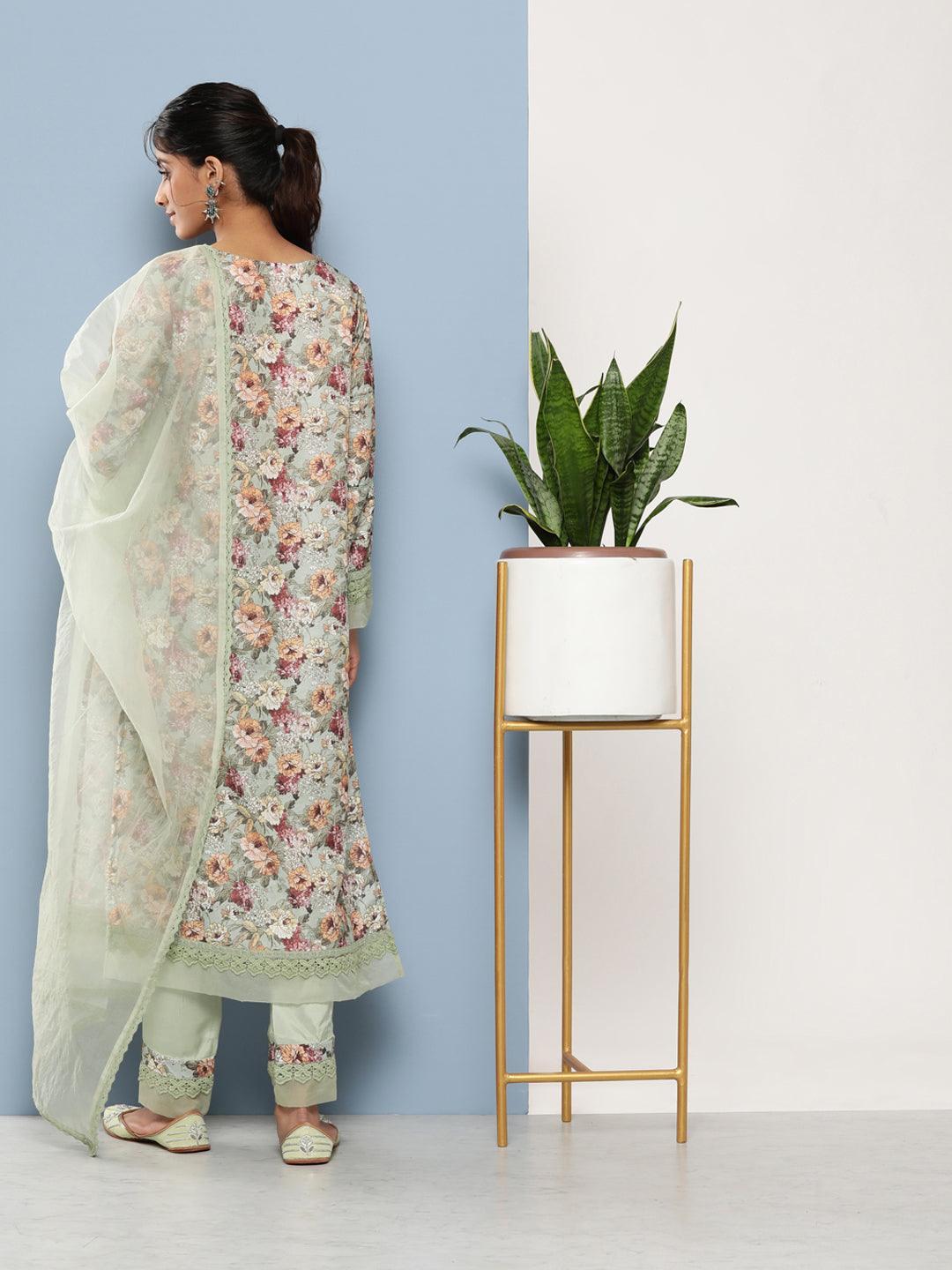 Poly Chanderi Floral Printed Kurta Pant Set With Organza Dupatta | LASVINI - Redefining Indian Fashion with Elegance