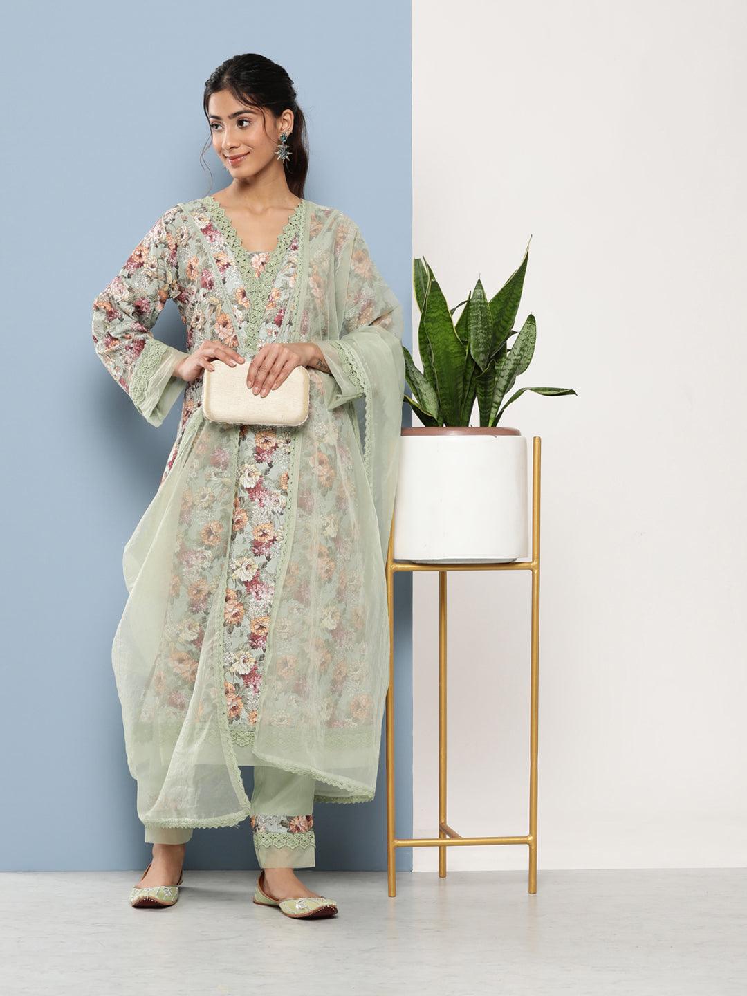 Poly Chanderi Floral Printed Kurta Pant Set With Organza Dupatta | LASVINI - Redefining Indian Fashion with Elegance