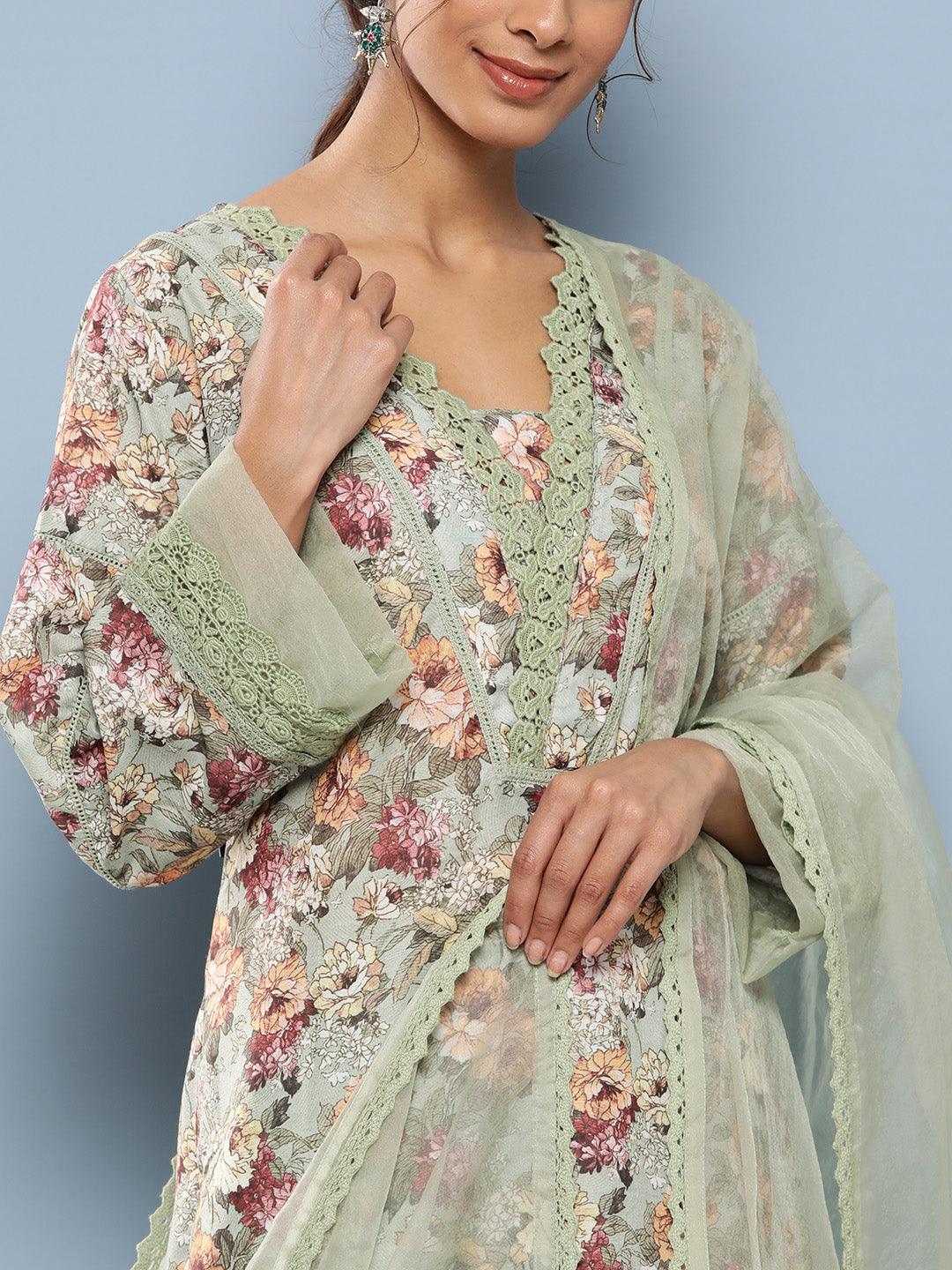 Poly Chanderi Floral Printed Kurta Pant Set With Organza Dupatta | LASVINI - Redefining Indian Fashion with Elegance