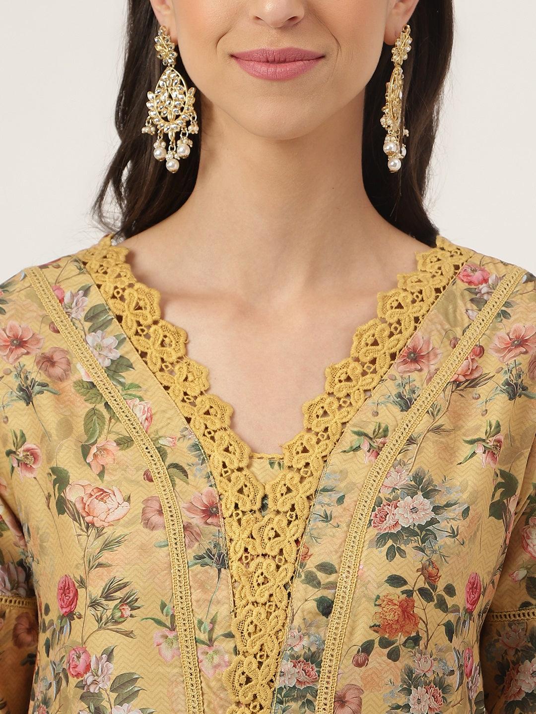 Poly Chanderi Floral Printed Kurta Pant Set With Organza Dupatta | LASVINI - Redefining Indian Fashion with Elegance