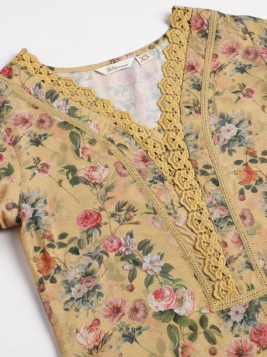 Poly Chanderi Floral Printed Kurta Pant Set With Organza Dupatta | LASVINI - Redefining Indian Fashion with Elegance