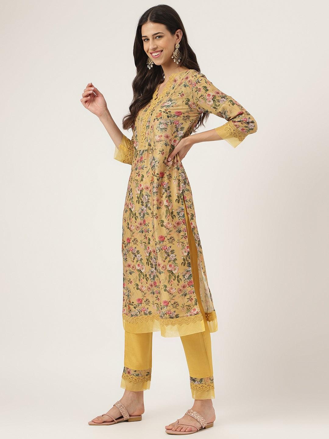 Poly Chanderi Floral Printed Kurta Pant Set With Organza Dupatta | LASVINI - Redefining Indian Fashion with Elegance