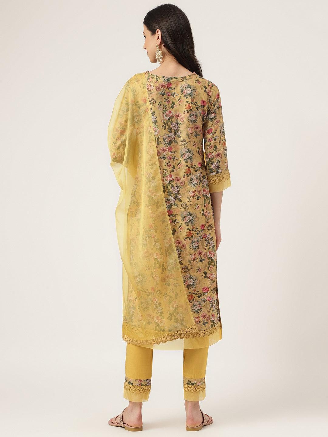 Poly Chanderi Floral Printed Kurta Pant Set With Organza Dupatta | LASVINI - Redefining Indian Fashion with Elegance