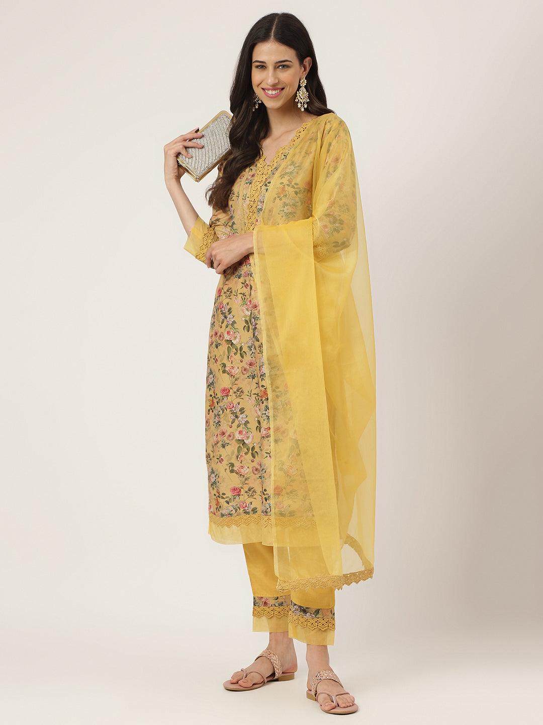 Poly Chanderi Floral Printed Kurta Pant Set With Organza Dupatta | LASVINI - Redefining Indian Fashion with Elegance