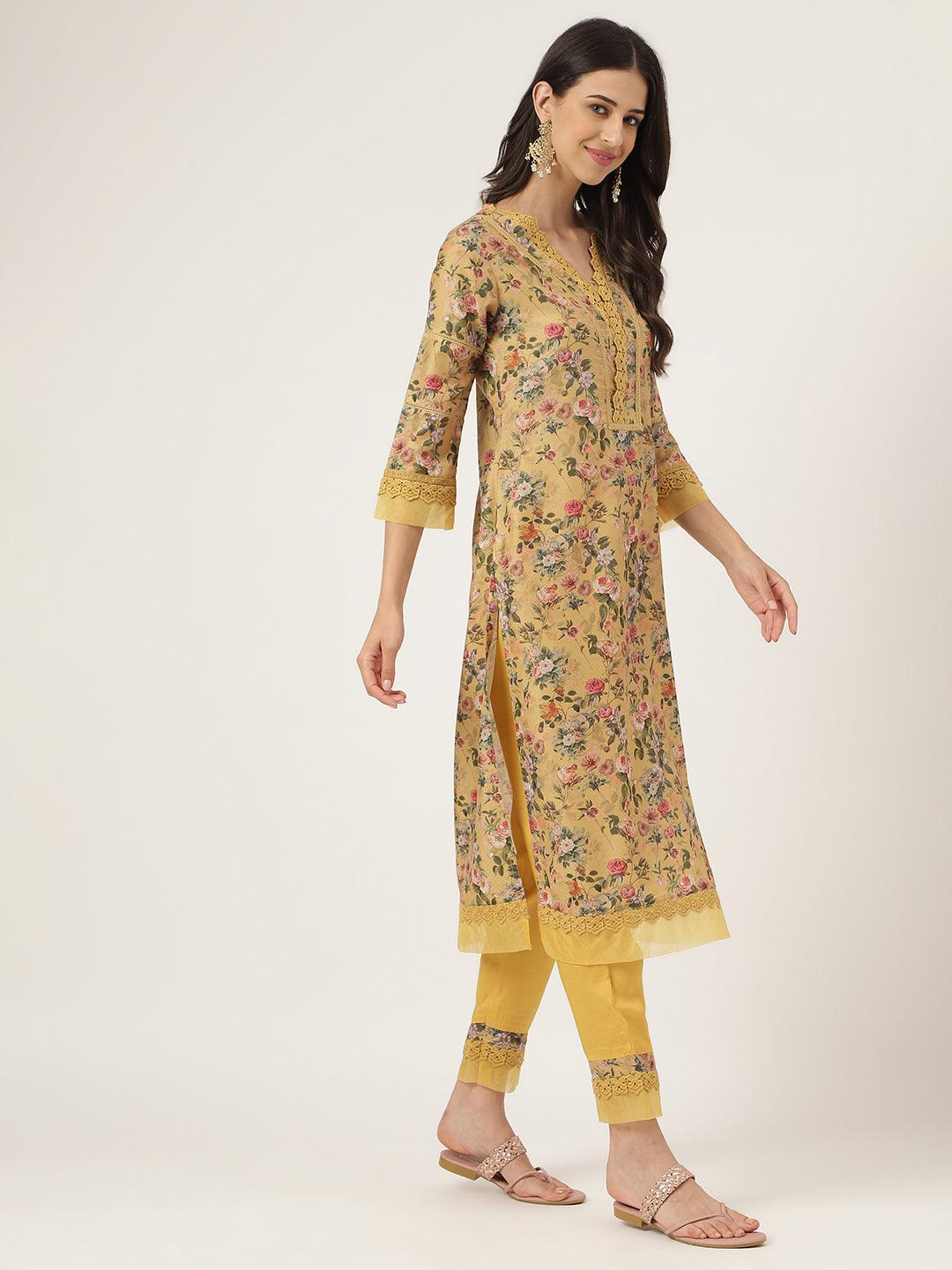 Poly Chanderi Floral Printed Kurta Pant Set With Organza Dupatta | LASVINI - Redefining Indian Fashion with Elegance