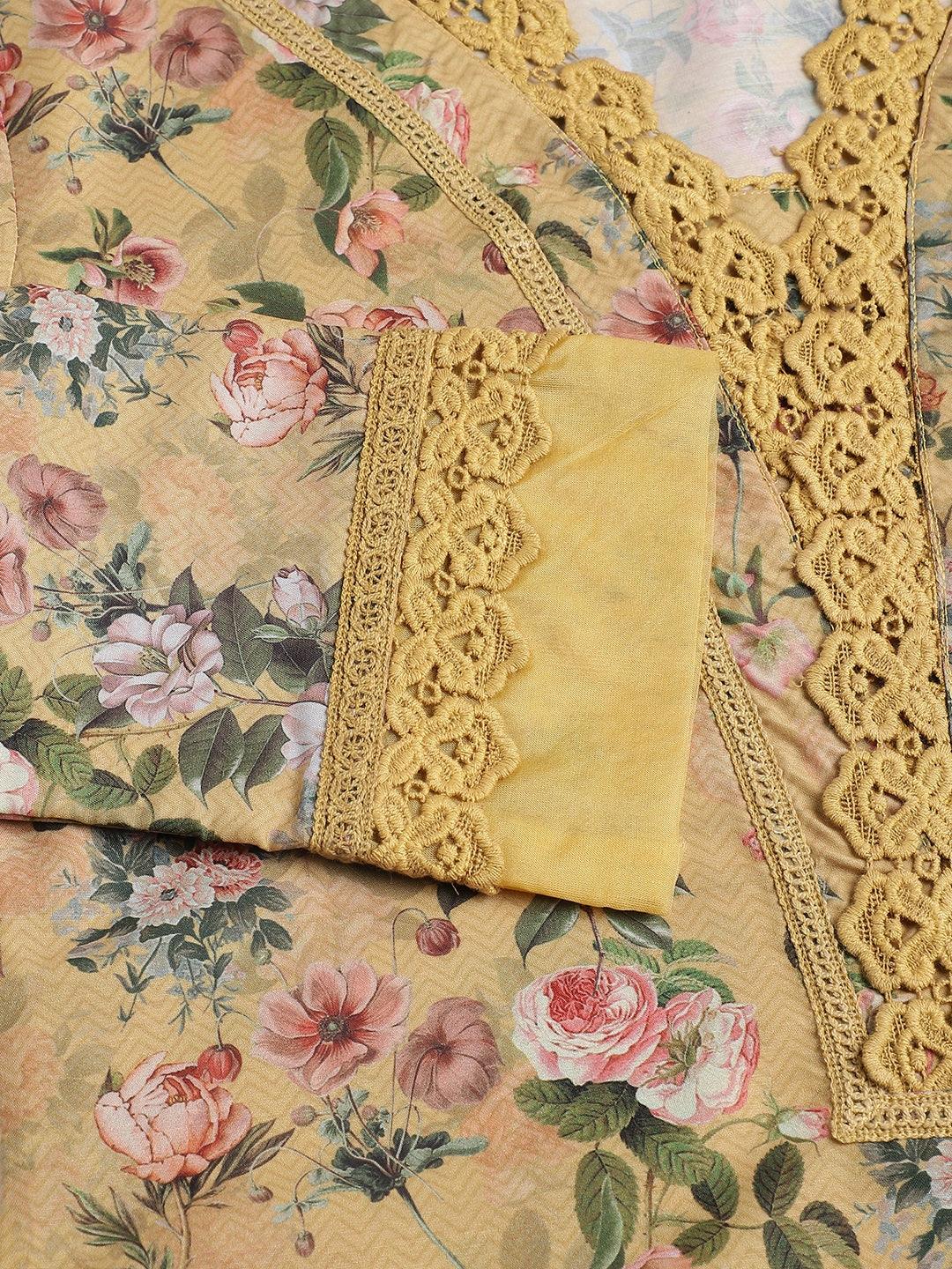 Poly Chanderi Floral Printed Kurta Pant Set With Organza Dupatta | LASVINI - Redefining Indian Fashion with Elegance