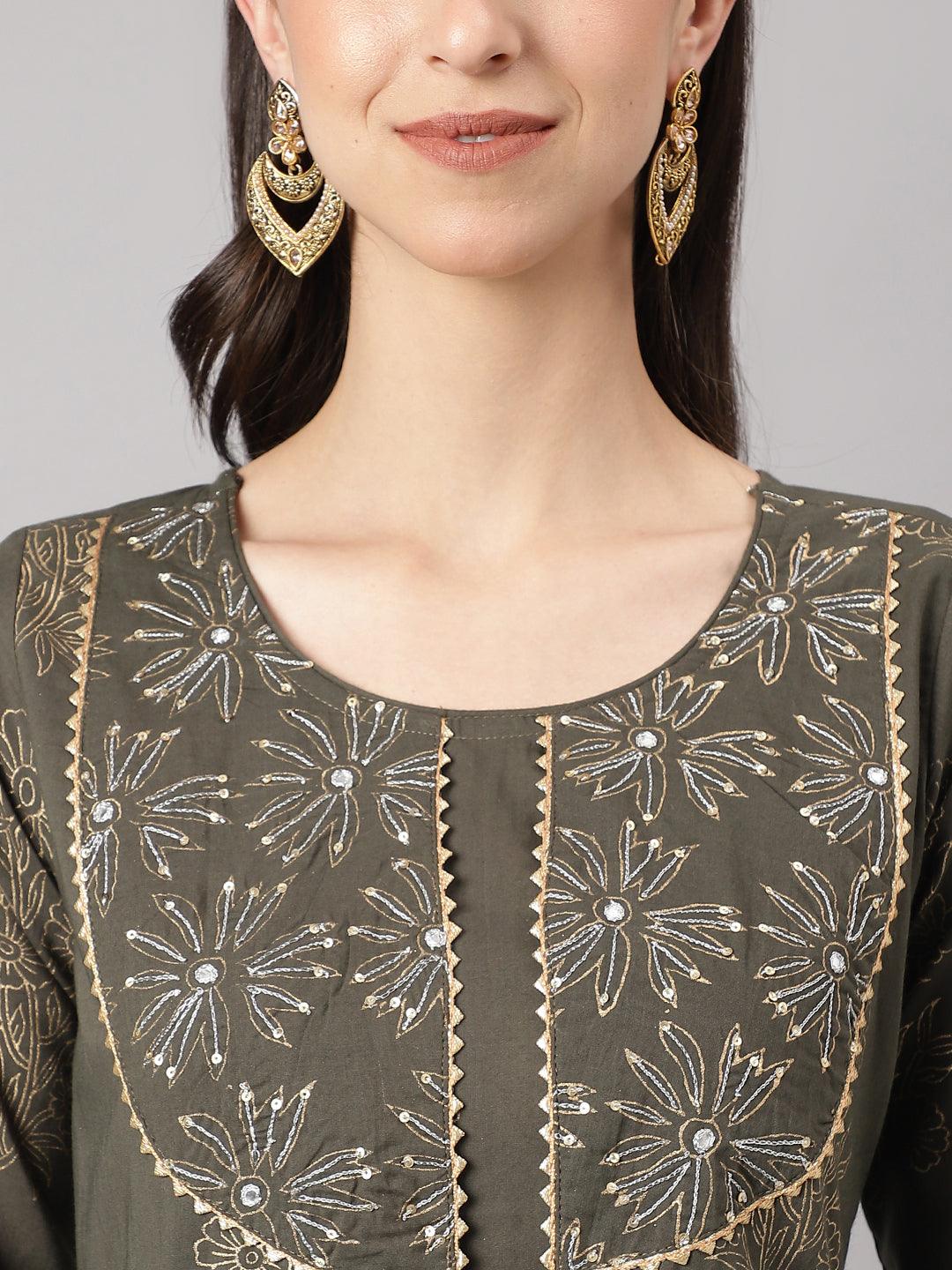 Olive Green Hand Block Cotton Kurta Pant Set With Dupatta | LASVINI - Redefining Indian Fashion with Elegance