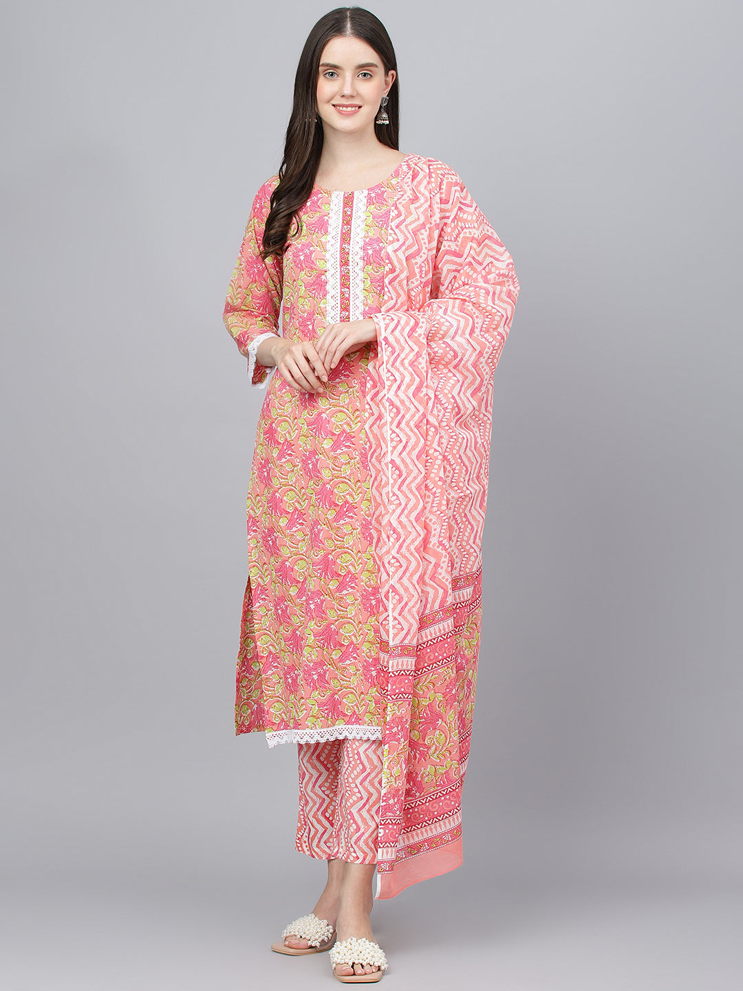 Women Peach Floral Printed Kurta Pant Set With Dupatta | LASVINI - Redefining Indian Fashion with Elegance