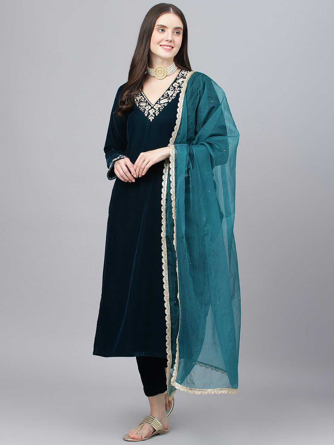 Women Teal Green Valvet Hand Work Kurta Pant With Organza Dupatta Set | LASVINI - Redefining Indian Fashion with Elegance