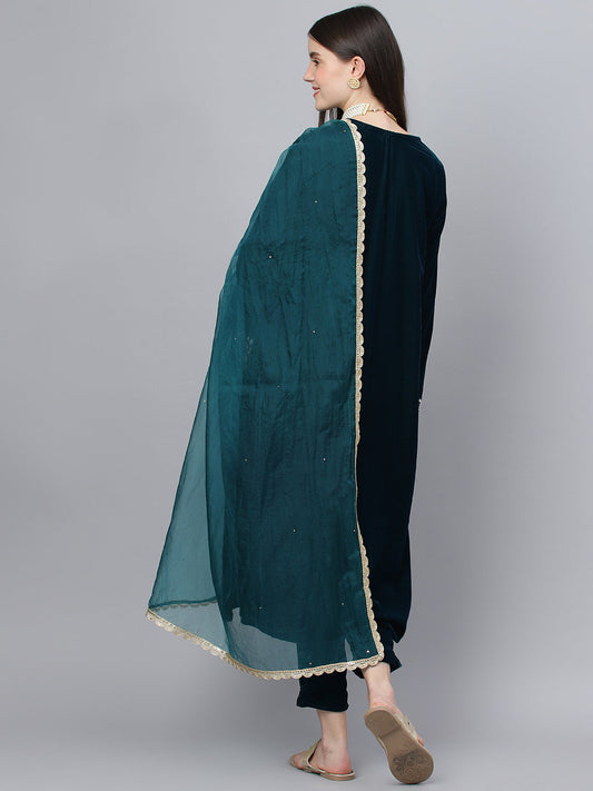 Women Teal Green Valvet Hand Work Kurta Pant With Organza Dupatta Set | LASVINI - Redefining Indian Fashion with Elegance
