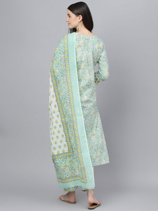 Women Mint Green Floral Printed Kurta Pant Set With Dupatta | LASVINI - Redefining Indian Fashion with Elegance
