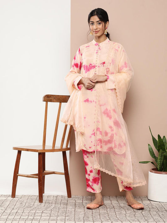 Muslin Tie And Dye Printed Kurta Pant Set With Organza Dupatta | LASVINI - Redefining Indian Fashion with Elegance