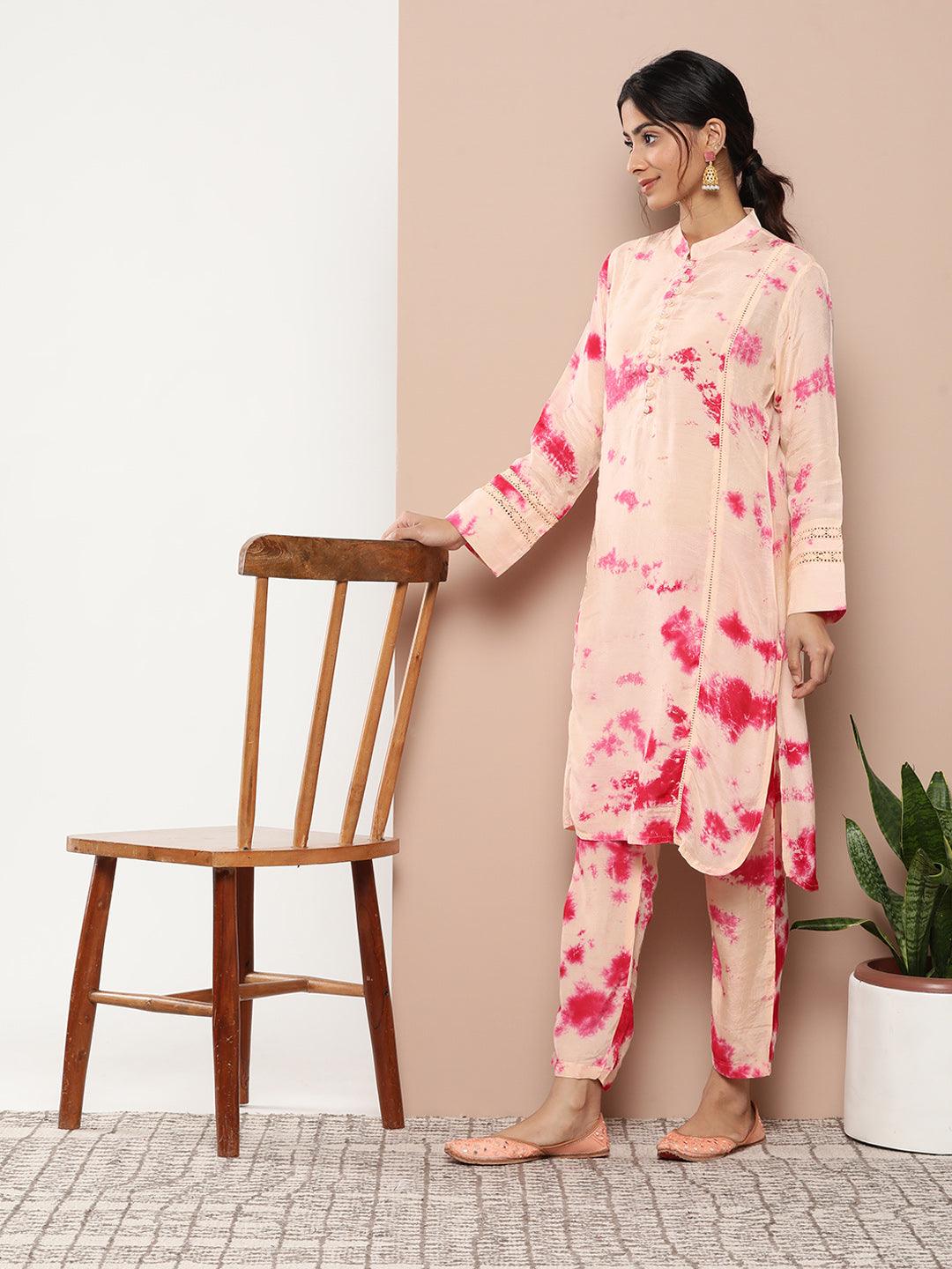 Muslin Tie And Dye Printed Kurta Pant Set With Organza Dupatta | LASVINI - Redefining Indian Fashion with Elegance