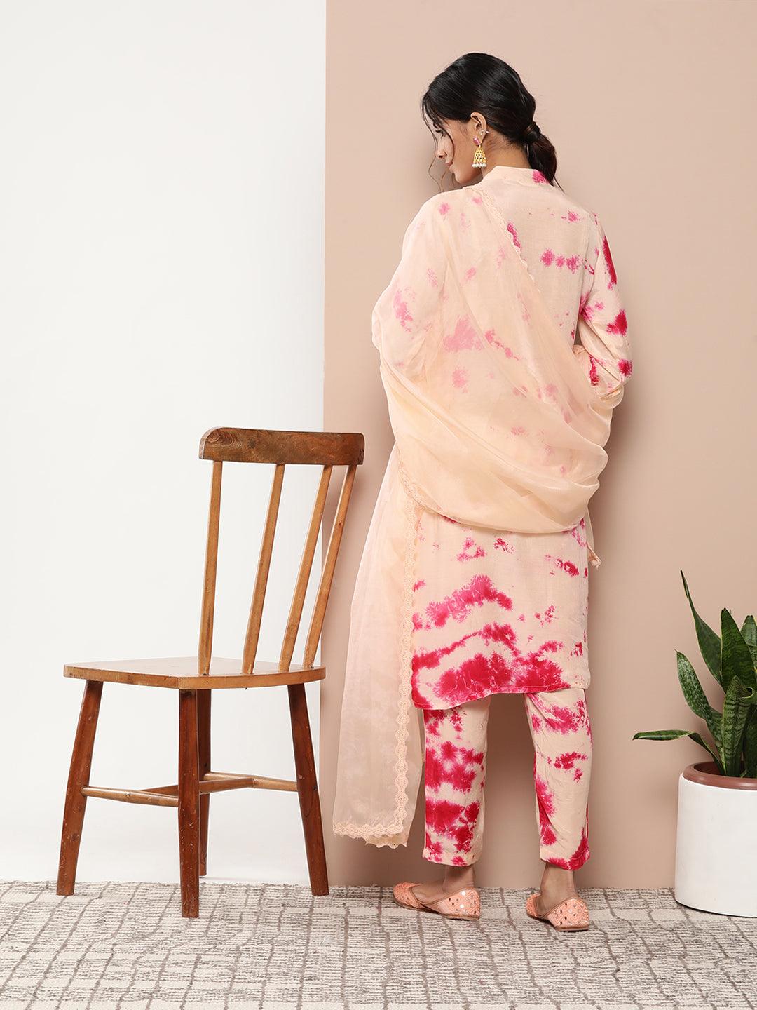 Muslin Tie And Dye Printed Kurta Pant Set With Organza Dupatta | LASVINI - Redefining Indian Fashion with Elegance