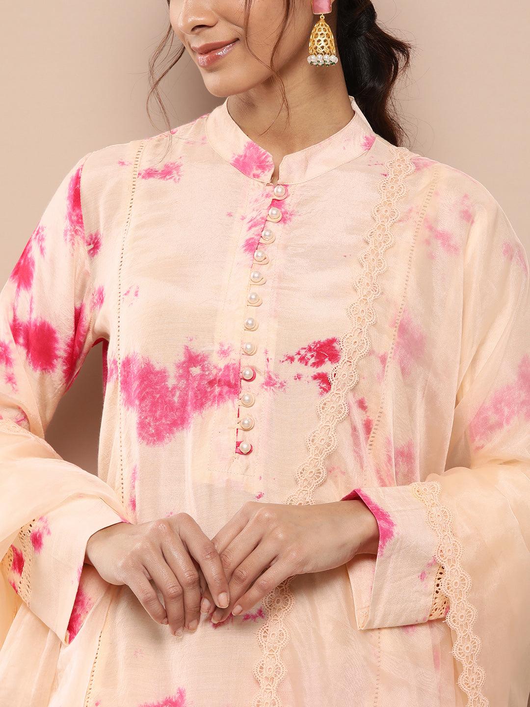 Muslin Tie And Dye Printed Kurta Pant Set With Organza Dupatta | LASVINI - Redefining Indian Fashion with Elegance