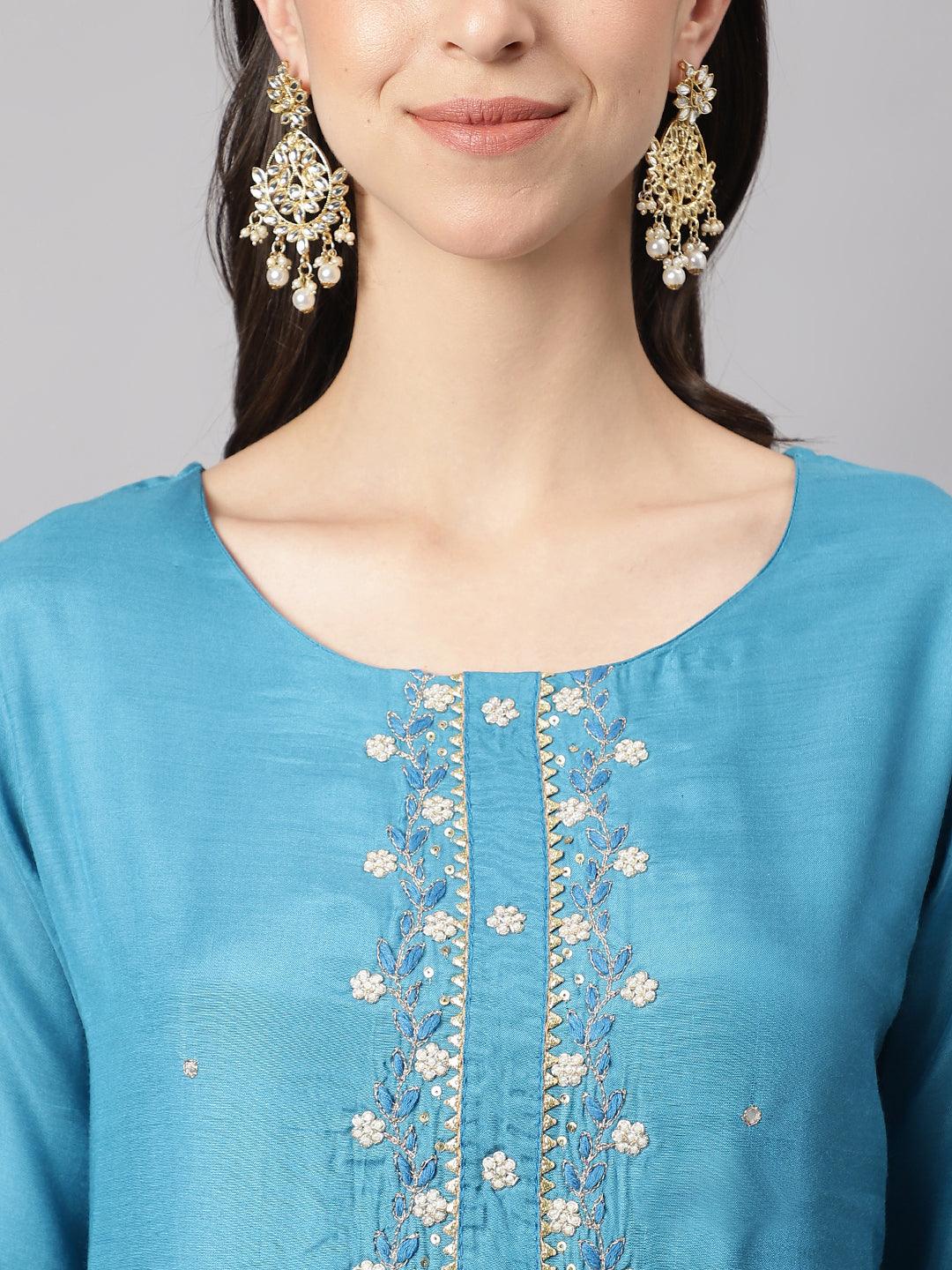 Teal Blue Muslin Embroidery Kurta Pant Set With Organza Dupatta | LASVINI - Redefining Indian Fashion with Elegance