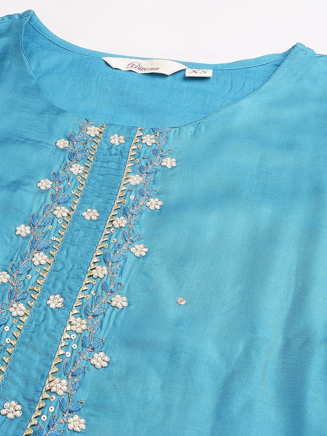 Teal Blue Muslin Embroidery Kurta Pant Set With Organza Dupatta | LASVINI - Redefining Indian Fashion with Elegance