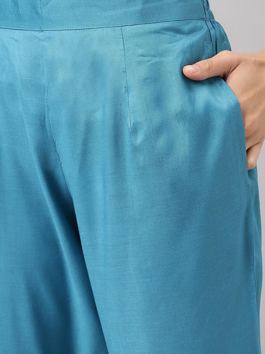 Teal Blue Muslin Embroidery Kurta Pant Set With Organza Dupatta | LASVINI - Redefining Indian Fashion with Elegance