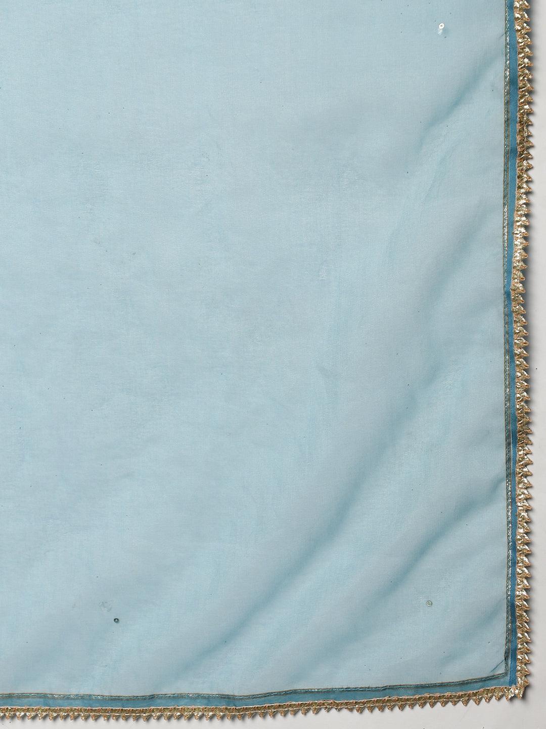 Teal Blue Muslin Embroidery Kurta Pant Set With Organza Dupatta | LASVINI - Redefining Indian Fashion with Elegance