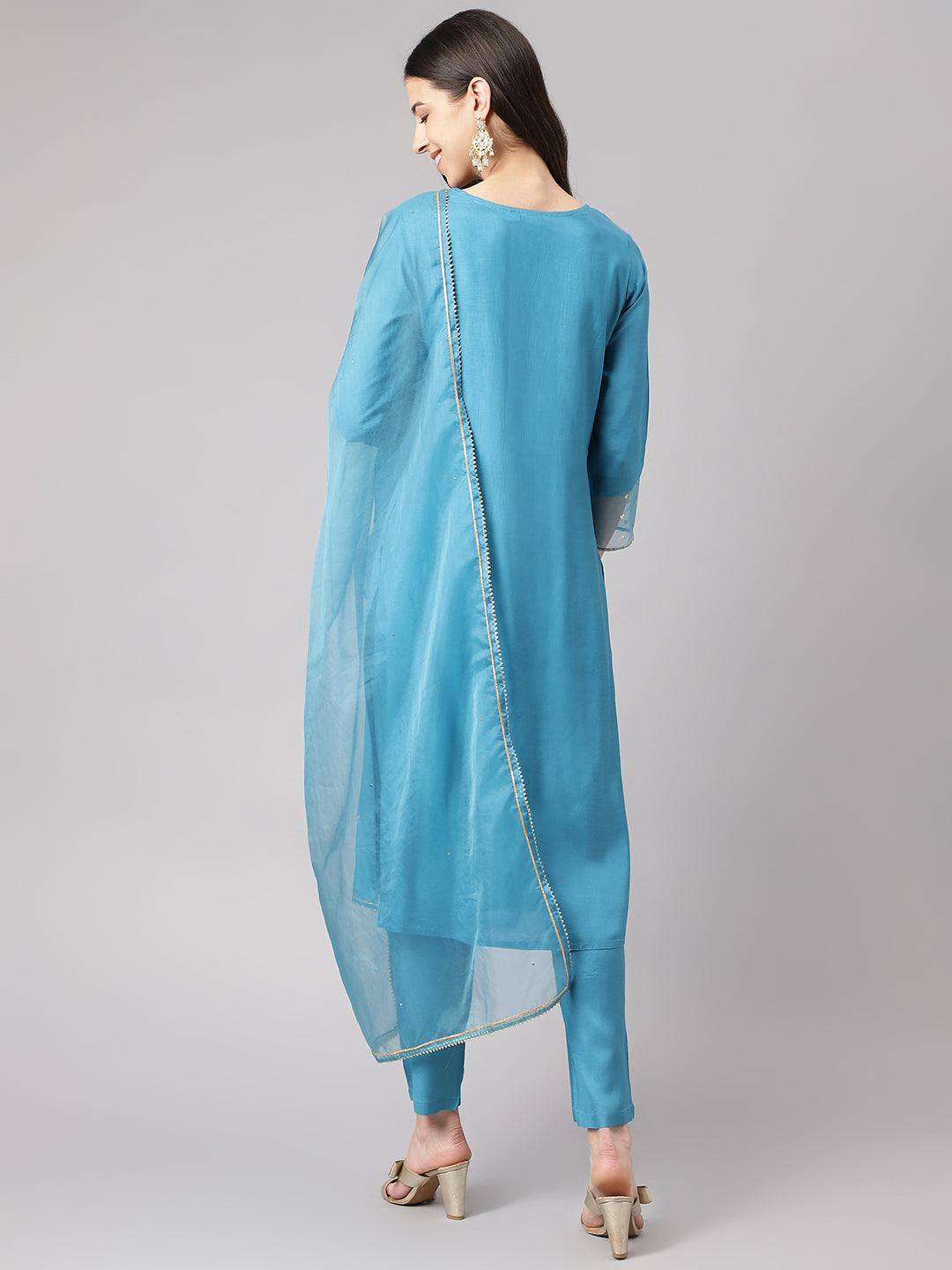 Teal Blue Muslin Embroidery Kurta Pant Set With Organza Dupatta | LASVINI - Redefining Indian Fashion with Elegance