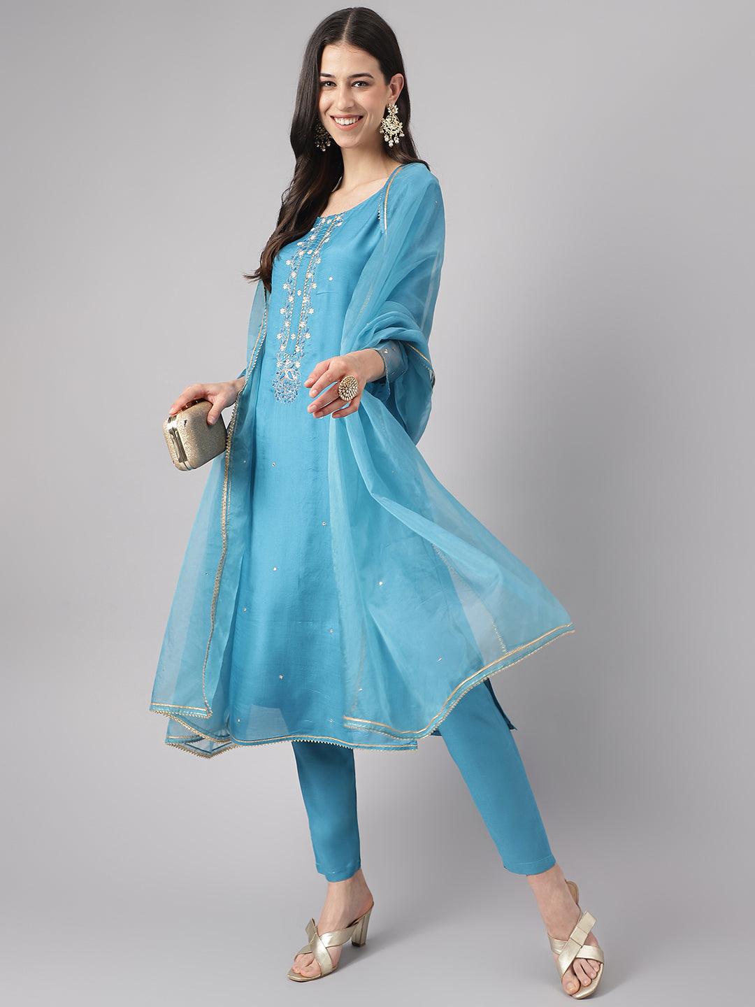 Teal Blue Muslin Embroidery Kurta Pant Set With Organza Dupatta | LASVINI - Redefining Indian Fashion with Elegance
