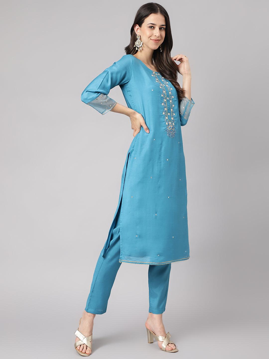Teal Blue Muslin Embroidery Kurta Pant Set With Organza Dupatta | LASVINI - Redefining Indian Fashion with Elegance