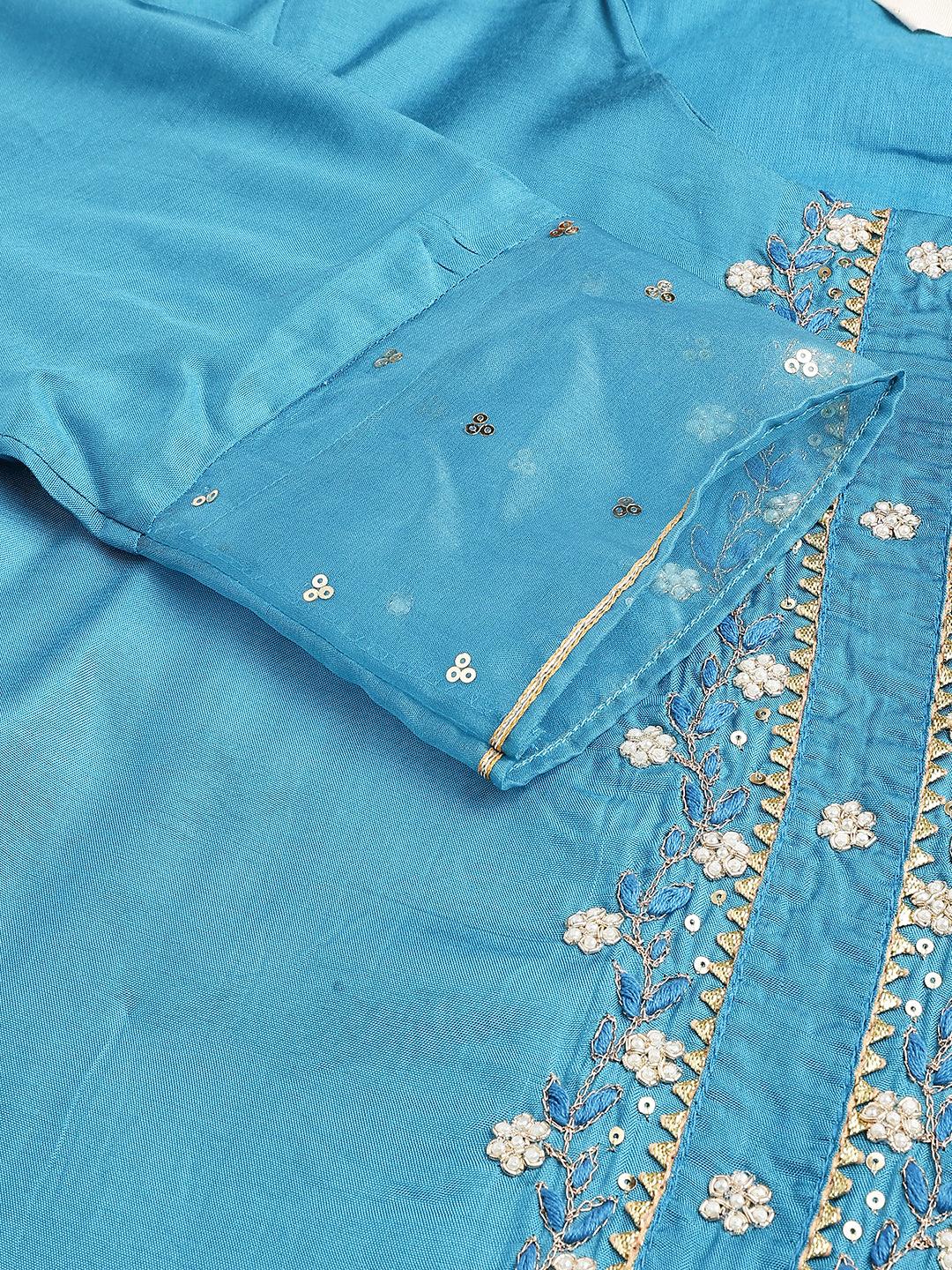 Teal Blue Muslin Embroidery Kurta Pant Set With Organza Dupatta | LASVINI - Redefining Indian Fashion with Elegance