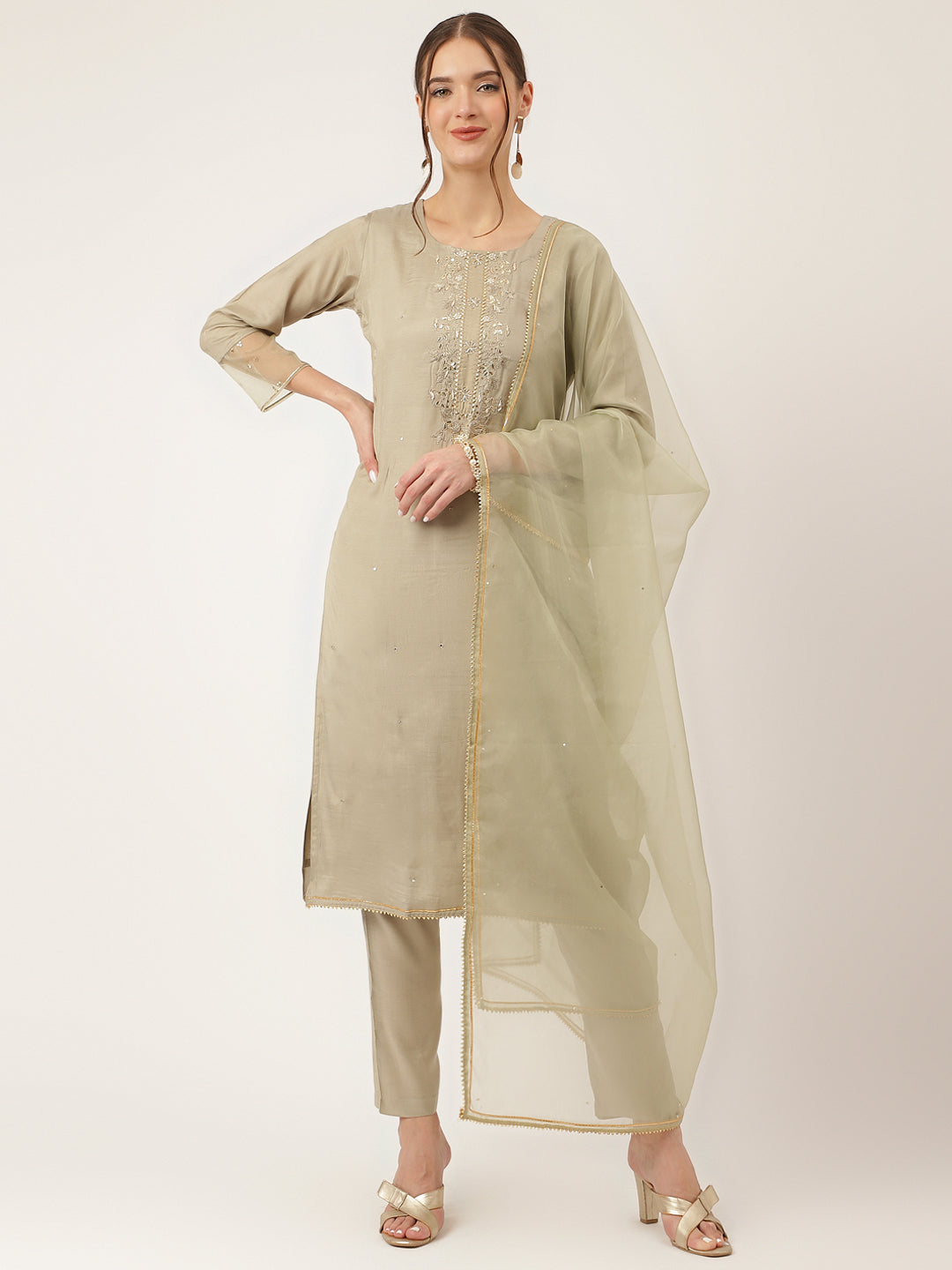 Green Embroidered Chanderi Kurta, Trouser With Dupatta | LASVINI - Redefining Indian Fashion with Elegance