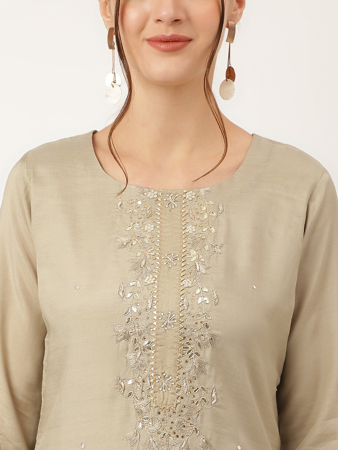 Green Embroidered Chanderi Kurta, Trouser With Dupatta | LASVINI - Redefining Indian Fashion with Elegance