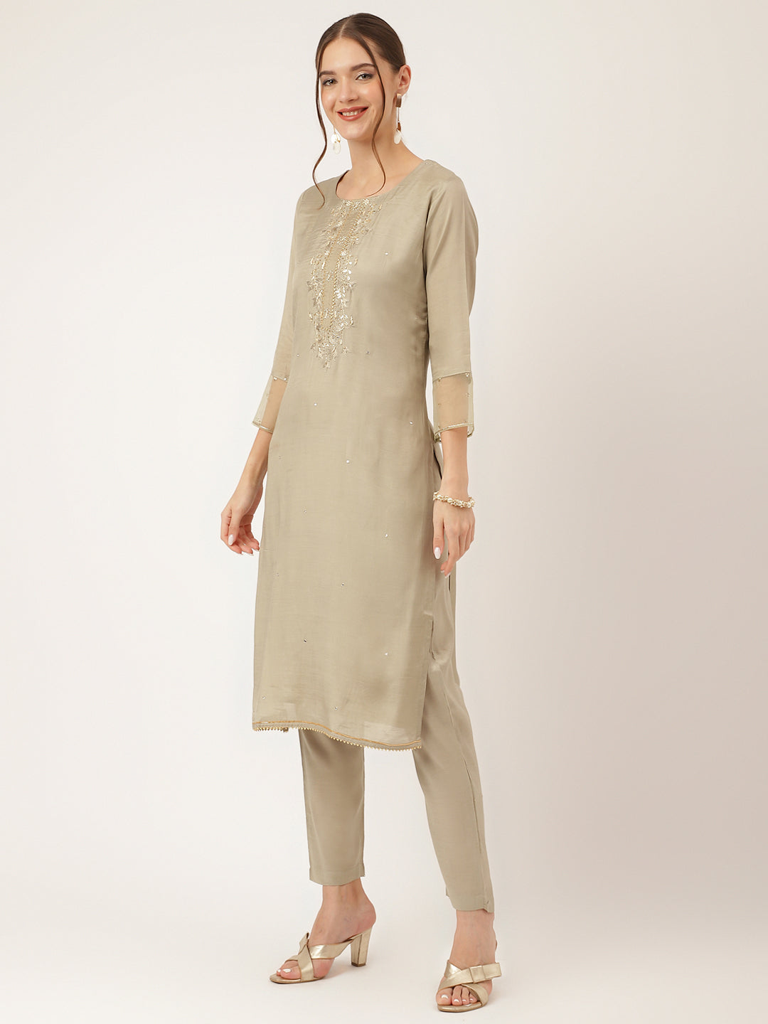 Green Embroidered Chanderi Kurta, Trouser With Dupatta | LASVINI - Redefining Indian Fashion with Elegance