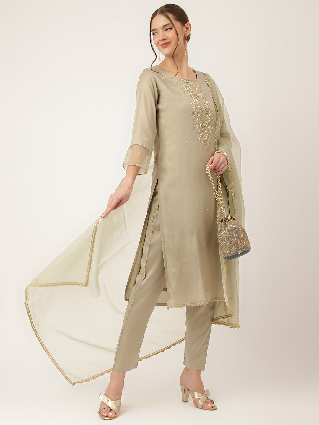 Green Embroidered Chanderi Kurta, Trouser With Dupatta | LASVINI - Redefining Indian Fashion with Elegance