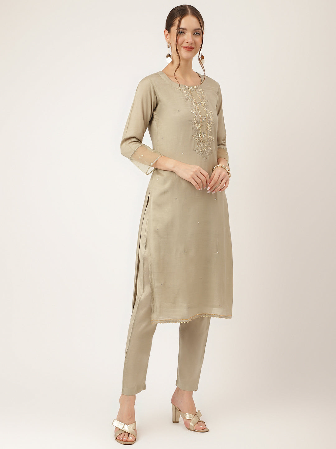 Green Embroidered Chanderi Kurta, Trouser With Dupatta | LASVINI - Redefining Indian Fashion with Elegance