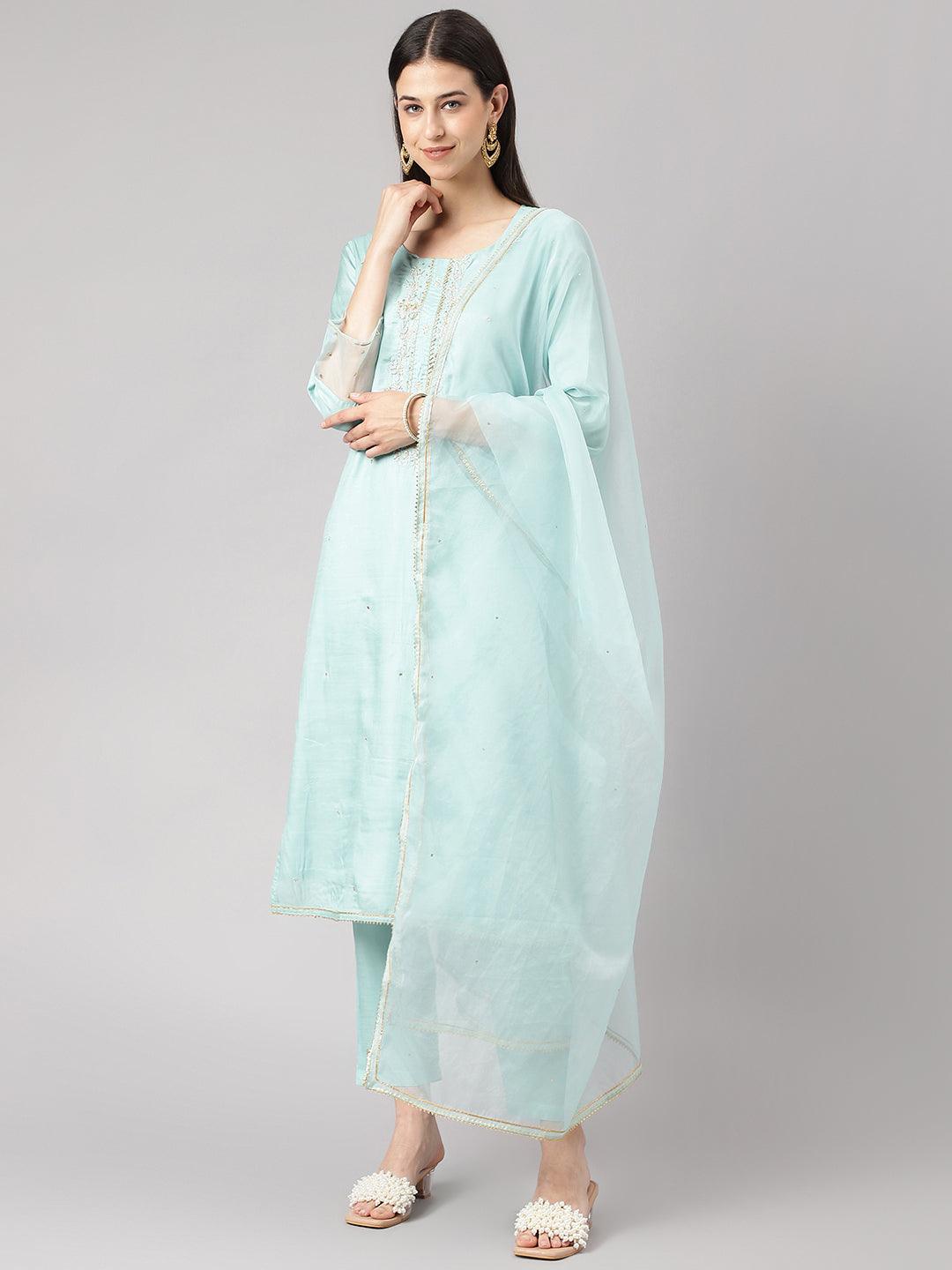Sea Green Muslin Embroidery Kurta Pant Set With Organza Dupatta | LASVINI - Redefining Indian Fashion with Elegance