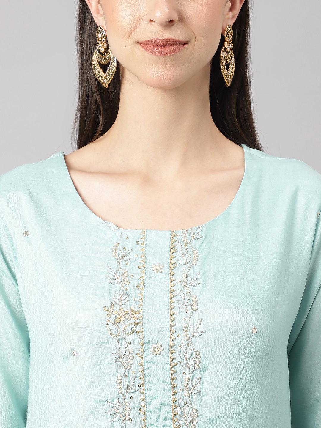 Sea Green Muslin Embroidery Kurta Pant Set With Organza Dupatta | LASVINI - Redefining Indian Fashion with Elegance