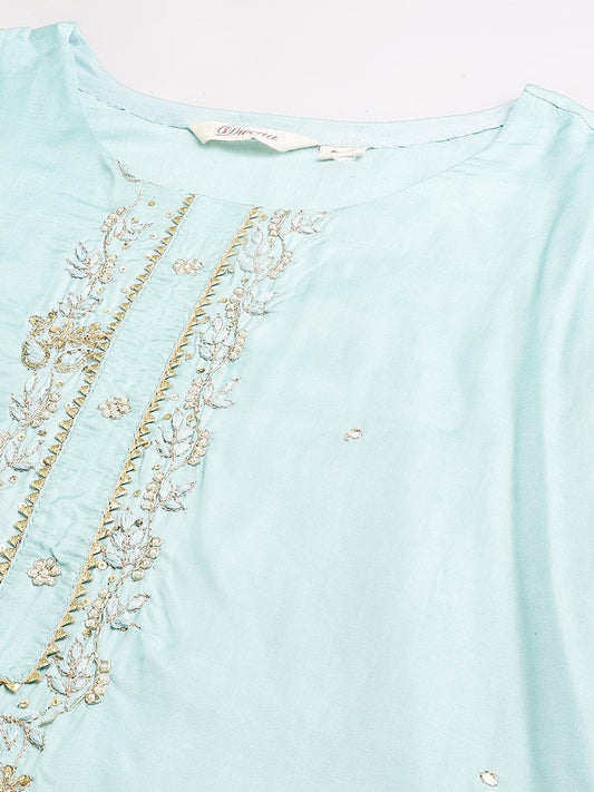 Sea Green Muslin Embroidery Kurta Pant Set With Organza Dupatta | LASVINI - Redefining Indian Fashion with Elegance